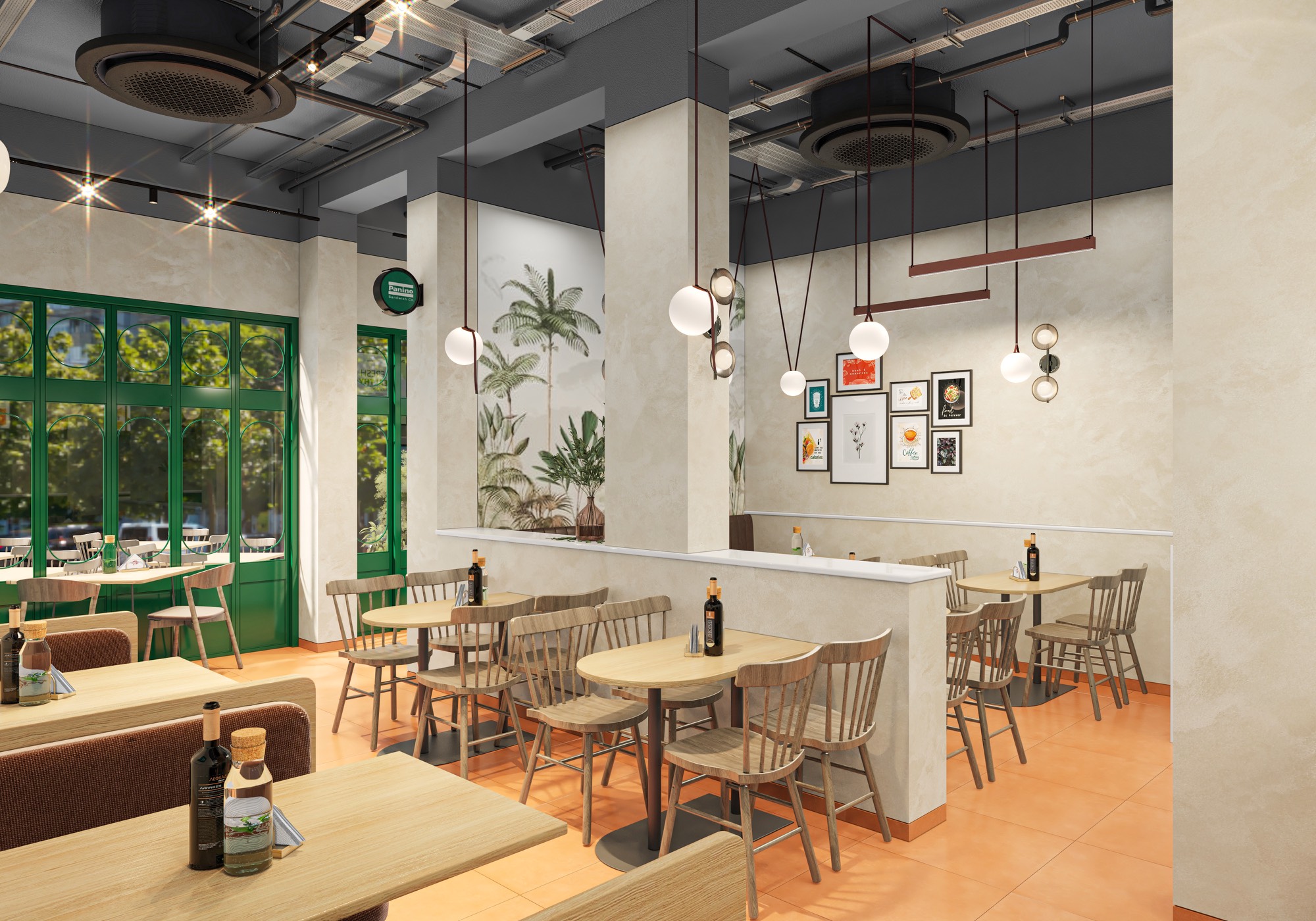 Cafe dining room with pendant lighting and wooden banquette seating